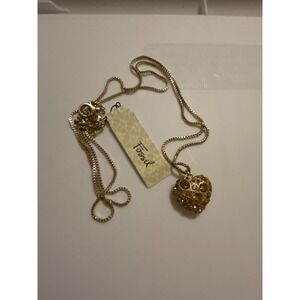 Fossil Gold Tone Puffed Heart Crystal Filigree Box Chain Necklace NWT Y2K